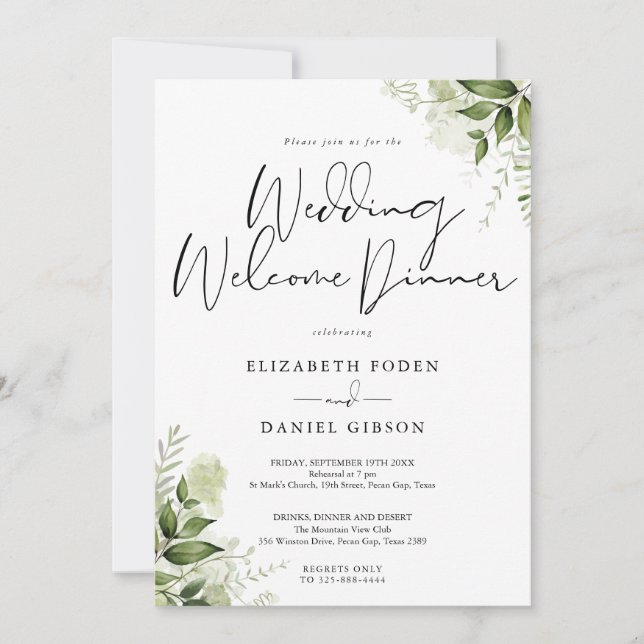 Convites Jantar de Boas-Vindas de Casamento Floral Verde (Frente)
