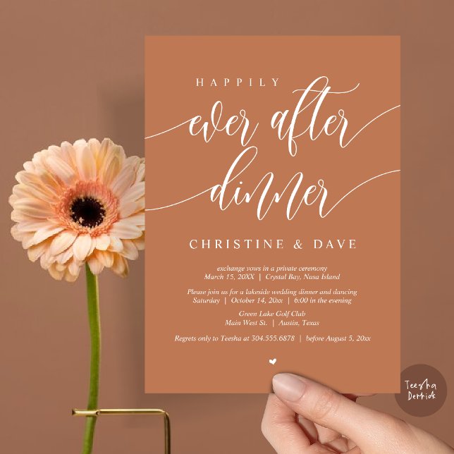 Convites Jantar de Casamento Fugitivo Happily Ever After, C (Happily Ever After Dinner Invitation Card, PDF, Modern Calligraphy Script, in Copper Rust)
