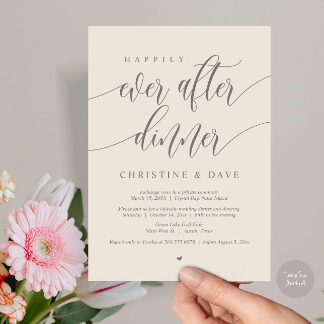 Convites Jantar de Casamento Happily Ever After, Cinza Crem (Happily Ever After Dinner Invitation Card, PDF, Modern Calligraphy Script, in Cream Dark Grey)