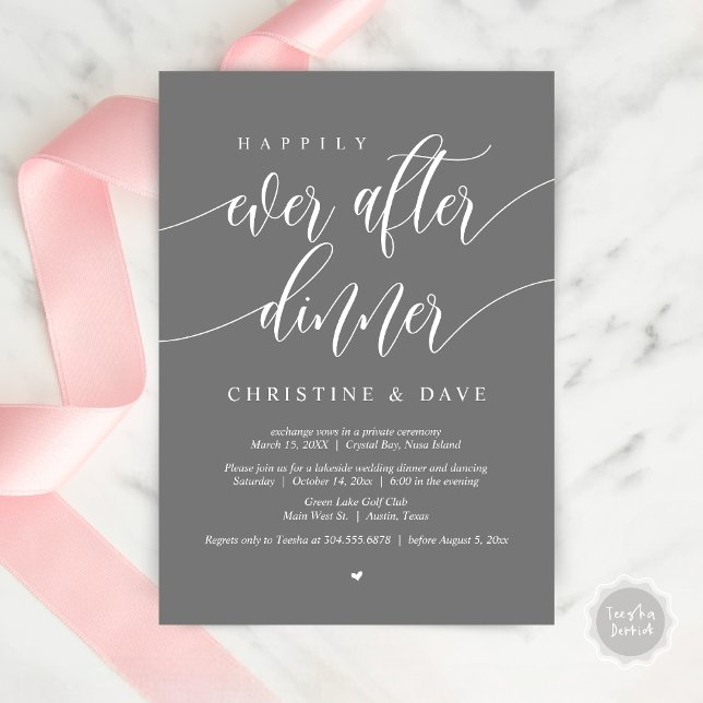 Convites Jantar de Casamento Happily Ever After, Cinza Escu (Happily Ever After Dinner Invitation Card, PDF, Modern Calligraphy Script, in Dark Grey)
