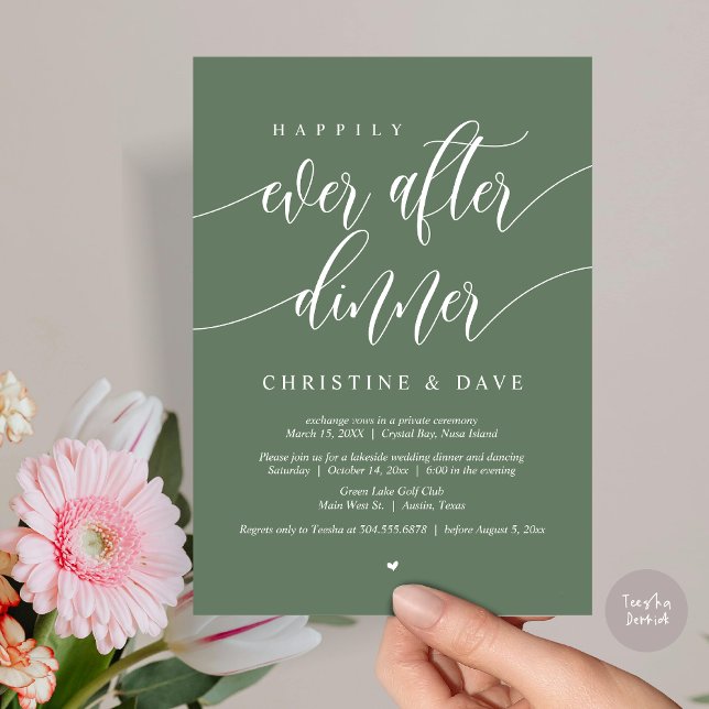 Convites Jantar de Casamento Intimo Feliz para Sempre, Verd (Happily Ever After Dinner Invitation Card, PDF, Modern Calligraphy Script, in Sage Green)