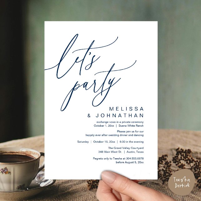 Convites Jantar de Dança de Casamento Romântico, Vamos Fest (Let's Party, Romantic Charm Wedding Dinner Dancing Lunch Brunch Invitation Card PDF Navy Blue)