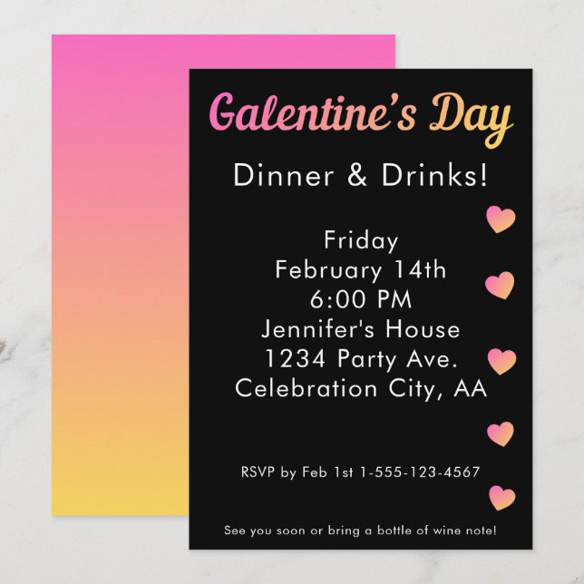 Convites Jantar de Drinks no Dia das Galentines Rosa e Pret (Frente/Verso)