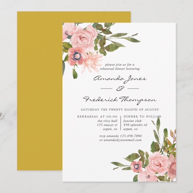 Convites Jantar de ensaio com aguarela floral Beige e Doura (Frente/Verso)