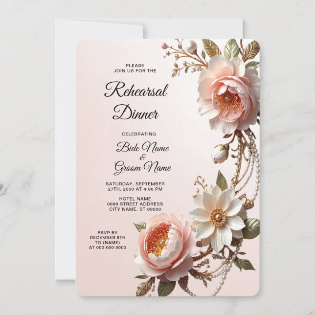 Convites Jantar de Ensaio com Flores Decorativas Rosa e Bra (Frente)