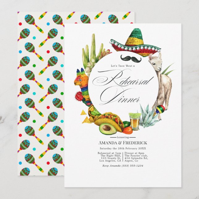 Convites Jantar de ensaio da festa mexicana em aquarela (Frente/Verso)
