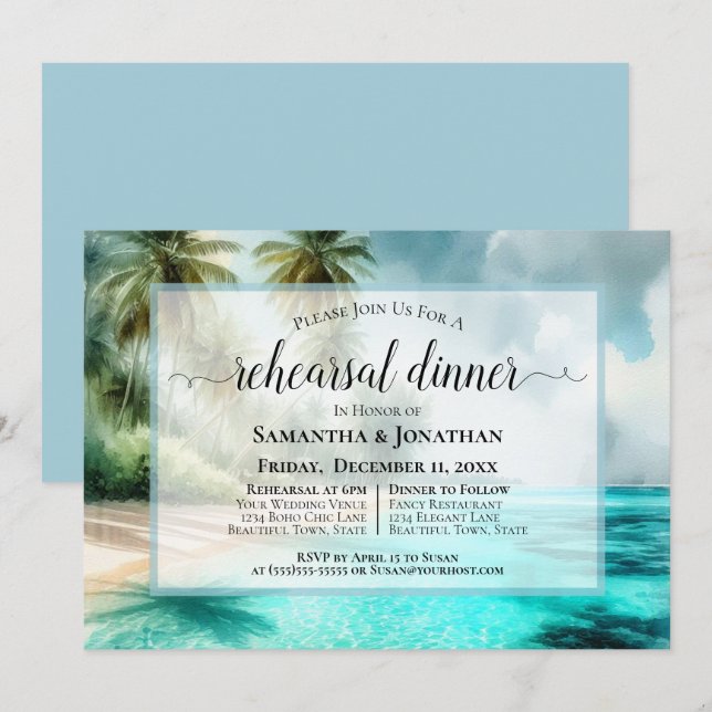 Convites Jantar de Ensaio de Casamento Aquarela Praia Tropi (Frente/Verso)