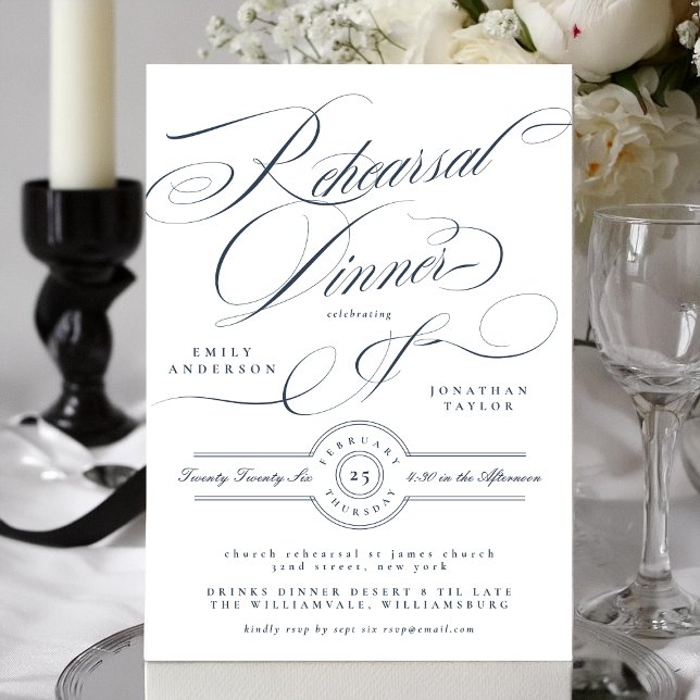 Convites Jantar de Ensaio de Casamento Azul Marinho Elegant (Criador carregado)