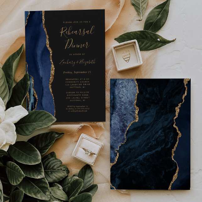 Convites Jantar de ensaio de casamento Blue Gold Agate Dark (Criador carregado)