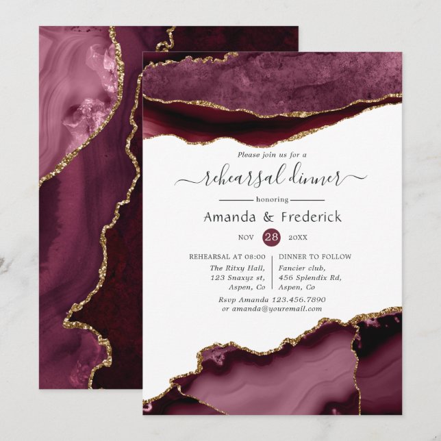 Convites Jantar de Ensaio de Casamento com Ágata Burgundy e (Frente/Verso)