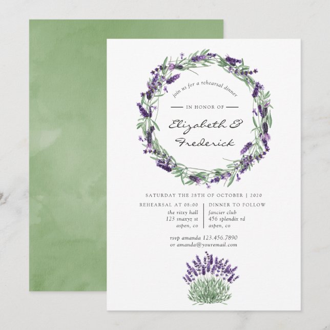 Convites Jantar de Ensaio de Casamento com Aquarela Lavanda (Frente/Verso)