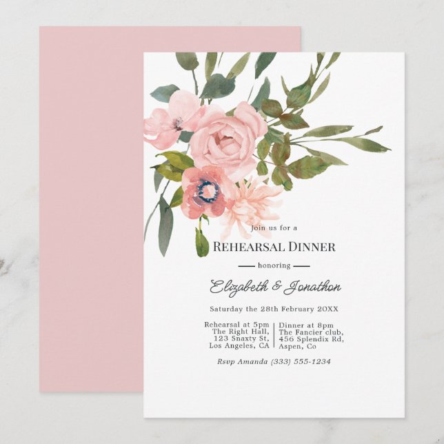 Convites Jantar de Ensaio de Casamento com Aquarela Rosa Be (Frente/Verso)