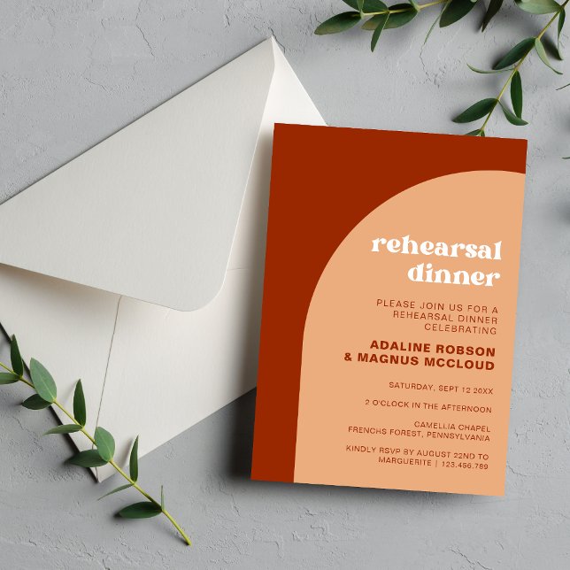Convites Jantar de Ensaio de Casamento com Arco Boho Chic P (Chic peach boho arch rehearsal dinner invitation sets a warm tone for your pre-wedding celebration.)