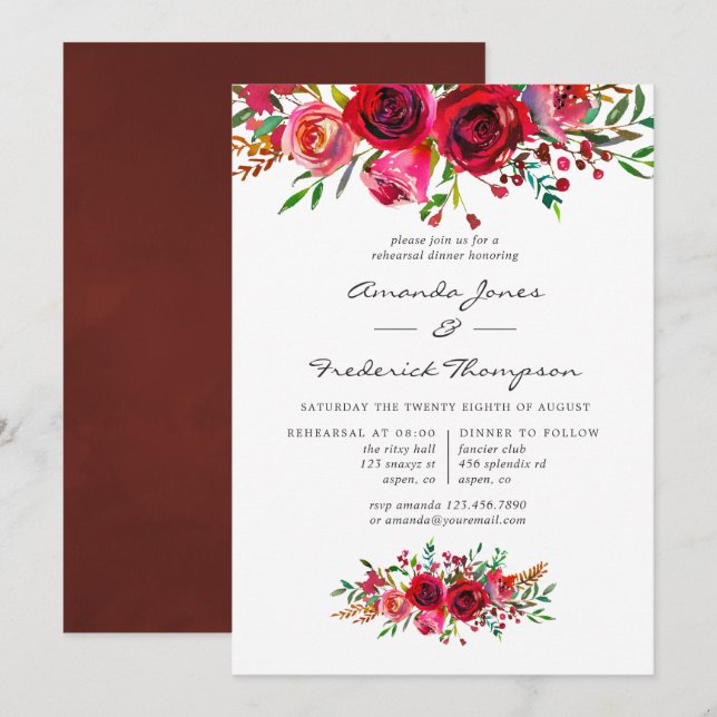 Convites Jantar de Ensaio de Casamento com Floral em Aquare (Frente/Verso)