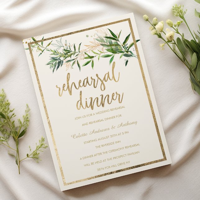 Convites Jantar de ensaio de casamento com folhas de ouro v (Elegant ivory green gold foliage Rehearsal Dinner)