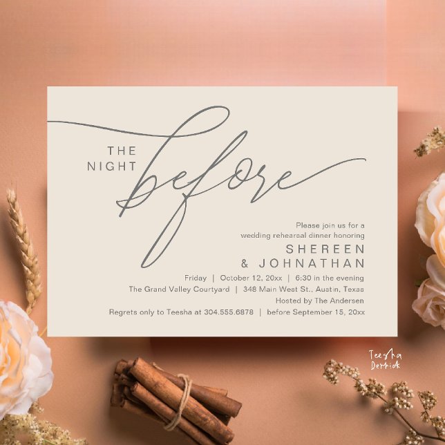 Convites Jantar de Ensaio de Casamento com Letra Elegante C (Elegant Script Wedding Rehearsal Dinner Invitation Card in Cream and Grey)