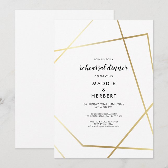 Convites Jantar de ensaio de casamento com moldura dourada  (Frente/Verso)
