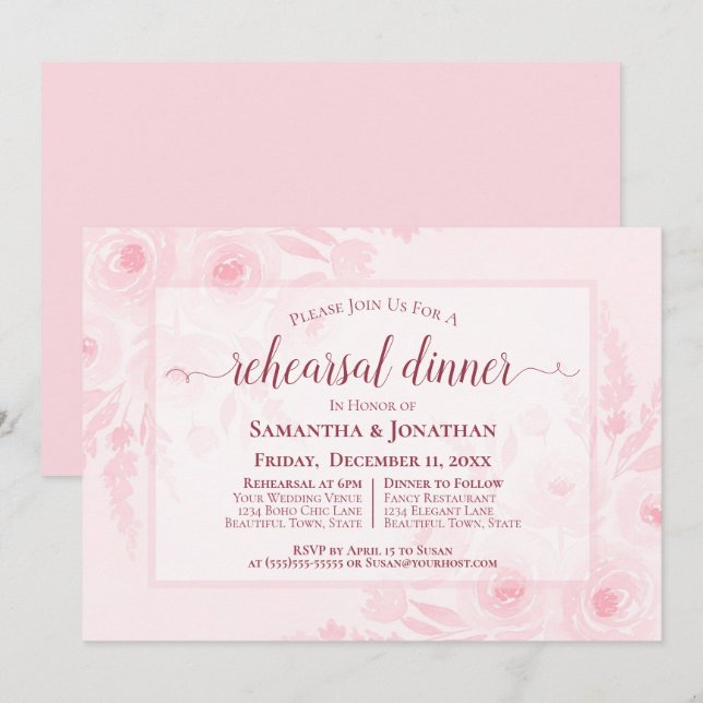 Convites Jantar de Ensaio de Casamento com Peônias em Aquar (Frente/Verso)