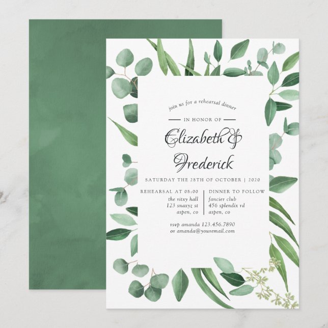 Convites Jantar de Ensaio de Casamento com Verde de Eucalip (Frente/Verso)