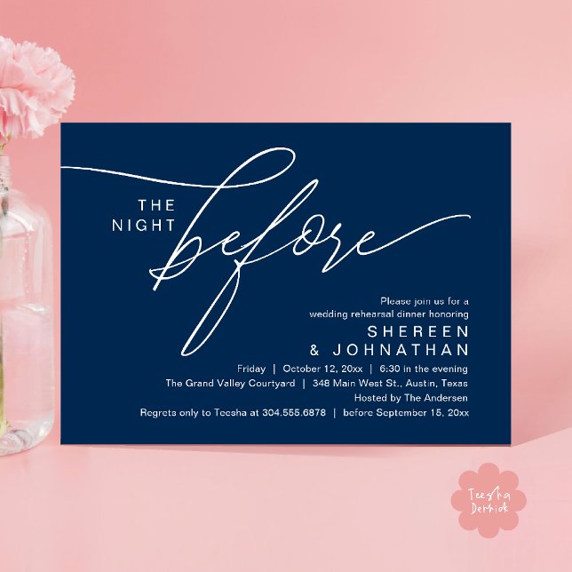 Convites Jantar de Ensaio de Casamento Elegante em Azul Mar (Elegant Script Wedding Rehearsal Dinner Invitation Card in Navy Blue)
