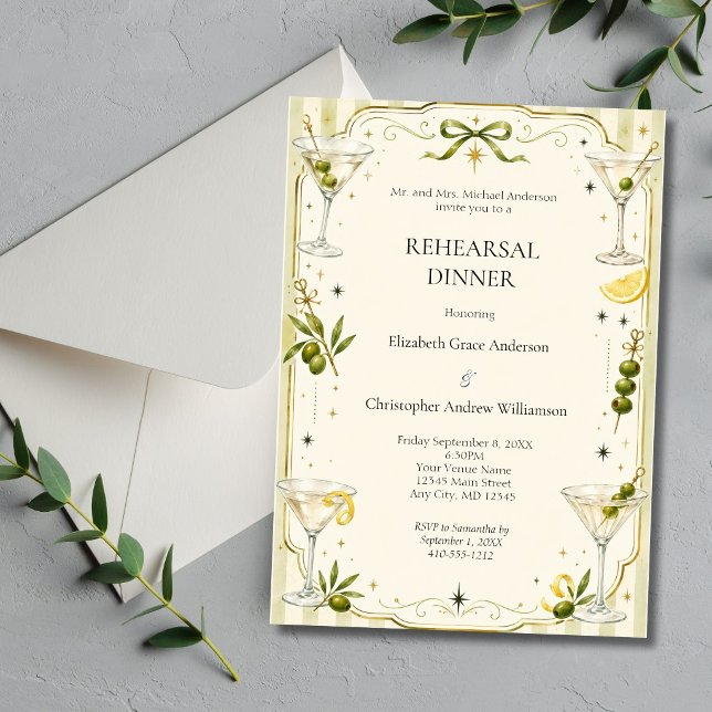 Convites Jantar de Ensaio de Casamento Elegante Martini Coc (Classic Chic Martini Cocktail Wedding Rehearsal dinner invitation)