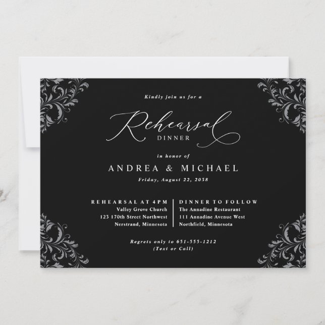 Convites Jantar de Ensaio de Casamento Elegante Preto e Bra (Frente)