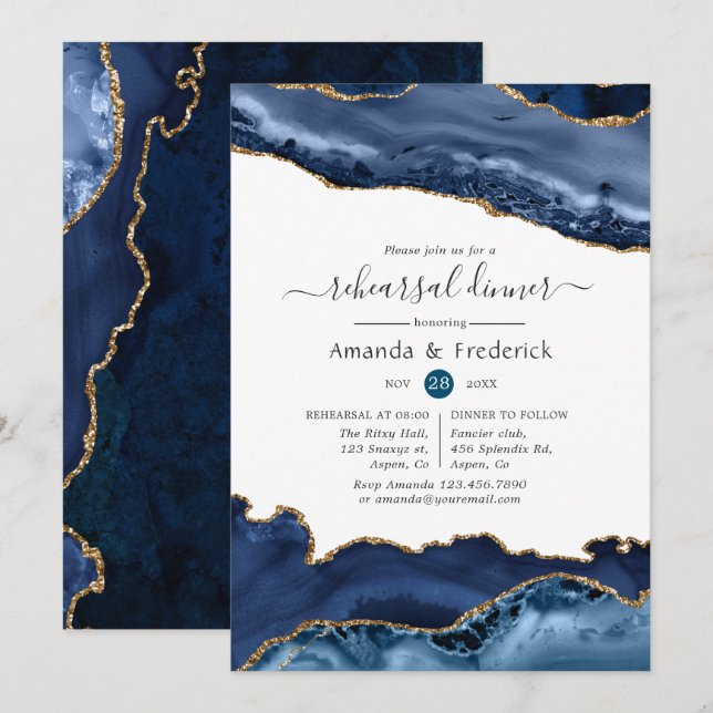 Convites Jantar de Ensaio de Casamento em Ágata Azul-Marinh (Frente/Verso)