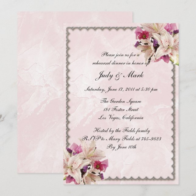 Convites Jantar de Ensaio de Casamento Flor de Lírio Rosa M (Frente/Verso)