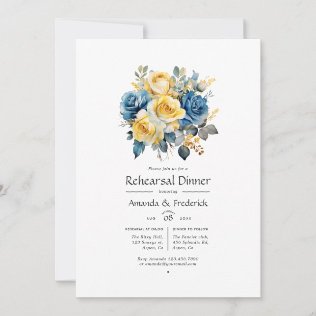 Convites Jantar de Ensaio de Casamento Floral Azul e Dourad (Frente)