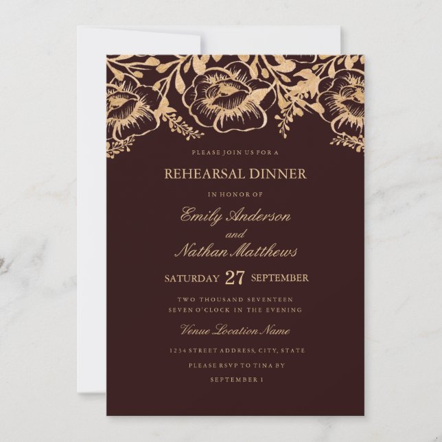 Convites Jantar de Ensaio de Casamento Floral Borgonha Dour (Frente)