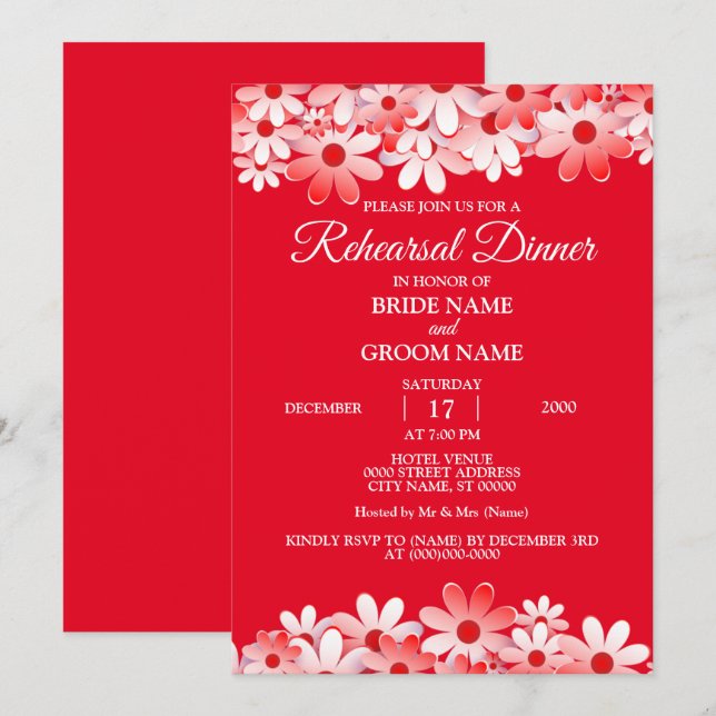 Convites Jantar de Ensaio de Casamento Floral Branco Vermel (Frente/Verso)
