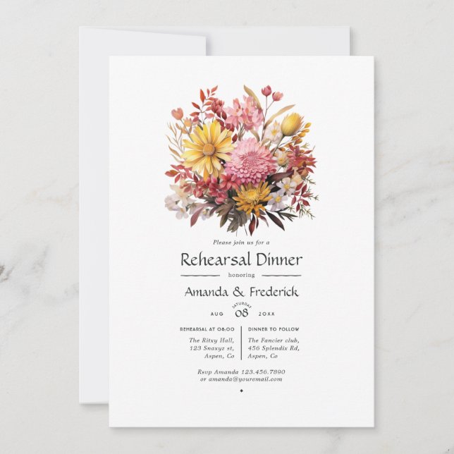 Convites Jantar de Ensaio de Casamento Floral Rosa e Amarel (Frente)