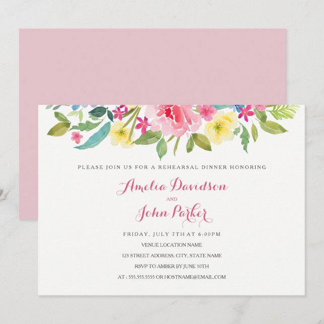 Convites Jantar de Ensaio de Casamento Floral Rosa em Aquar (Frente/Verso)
