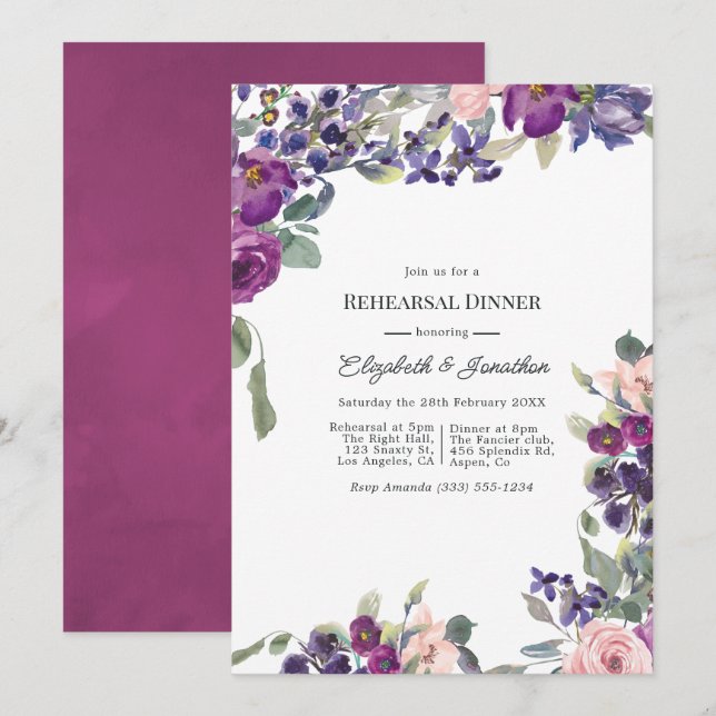Convites Jantar de Ensaio de Casamento Floral Violeta e Ame (Frente/Verso)