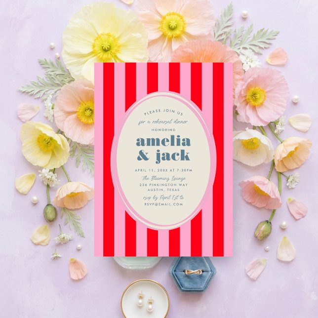 Convites Jantar de Ensaio de Casamento Listrado de Rosa Ver (Blooming Joy Floral Wedding Rehearsal Dinner Invitation)