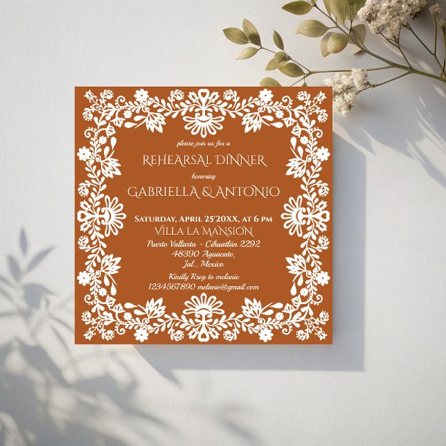 Convites Jantar de ensaio de casamento mexicano de terracot (Talavera terracotta folk art Mexican wedding rehearsal dinner party Invitation cards template)