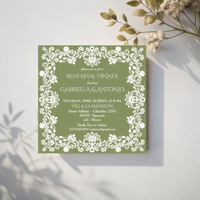 Convites jantar de ensaio de casamento mexicano verde sage  (Talavera sage green folk art Mexican wedding rehearsal dinner Invitation cards template)