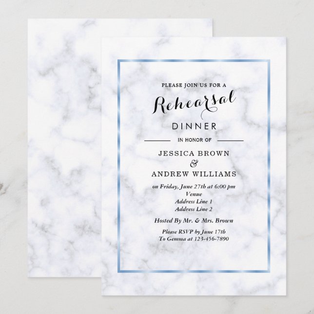 Convites Jantar de Ensaio de Casamento Romântico Azul Mármo (Frente/Verso)
