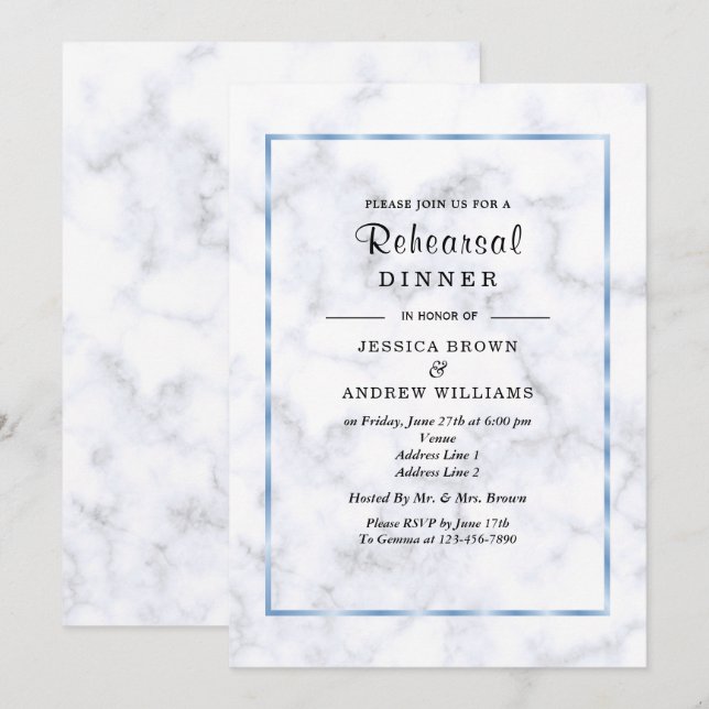 Convites Jantar de Ensaio de Casamento Romântico Azul Mármo (Frente/Verso)