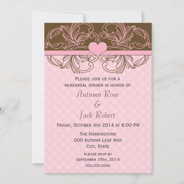 Convites Jantar de Ensaio de Casamento Rosa e Marrom (Frente)