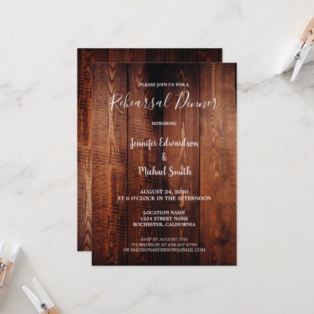 Convites Jantar de ensaio de casamento rústico em madeira d (Frente/Verso In Situ)