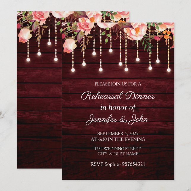 Convites Jantar de Ensaio de Casamento Rústico em Madeira M (Frente/Verso)