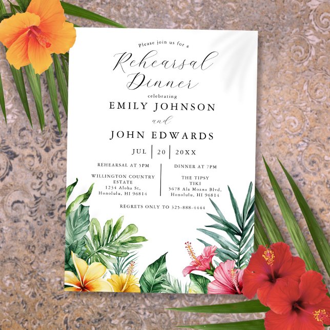 Convites Jantar de Ensaio de Flores Tropicais em Aquarela (Watercolor Tropical Flowers Rehearsal Dinner Invitation)