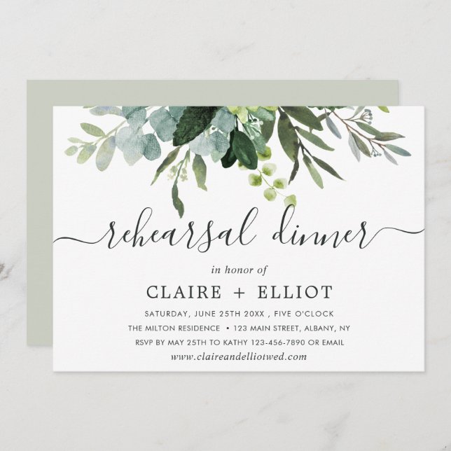 Convites Jantar de Ensaio de Folhagem Verde de Eucalipto (Frente/Verso)