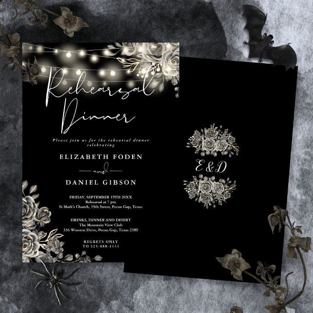 Convites Jantar de Ensaio de Luzes Florais Pretas Góticas (Gothic Black Floral Lights Rehearsal Dinner Invitation)