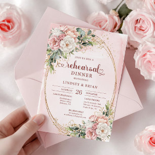 Convites Jantar de Ensaio de Noiva Floral em Dourado Rosado