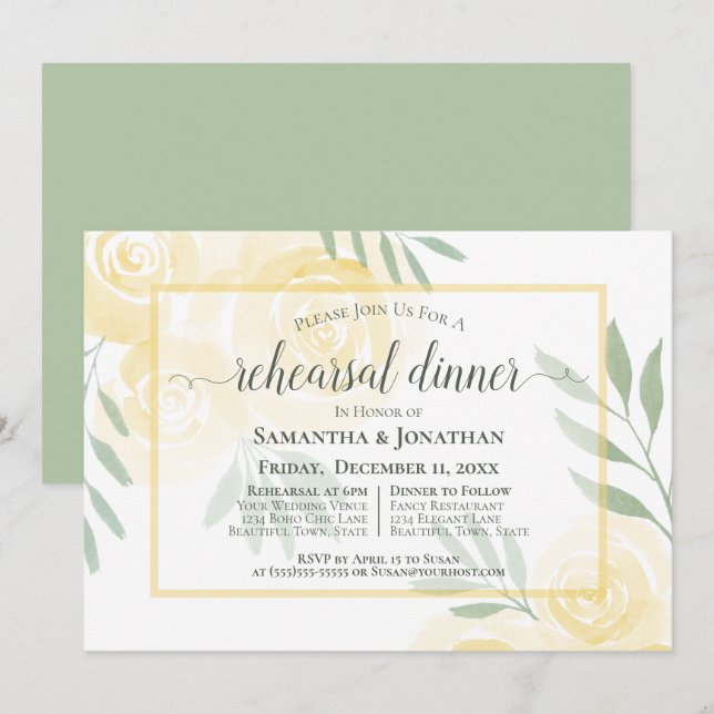 Convites Jantar de Ensaio de Noivado Boho Butter Yellow Ros (Frente/Verso)