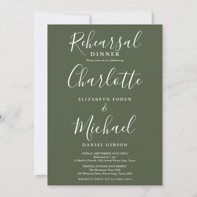 Convites Jantar de ensaio de Olive Green Signature Script (Frente)