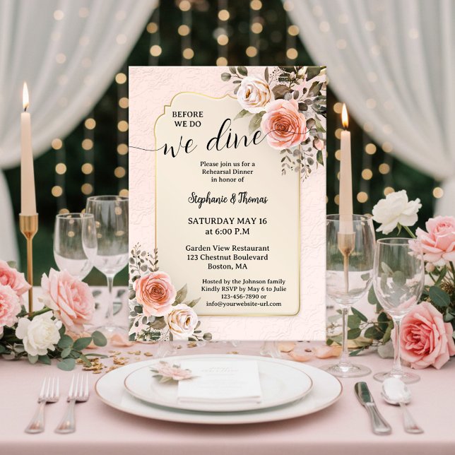 Convites Jantar de Ensaio de Rosas em Aquarela Romântica (Rehearsal dinner invitation featuring romantic watercolor roses in a blush pink retro style)