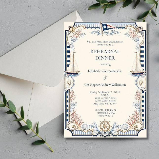 Convites Jantar de Ensaio do Clube Náutico de Iate Costeiro (Coastal Nautical Yacht Club Wedding Rehearsal Dinner invitation. Printed or Digital)